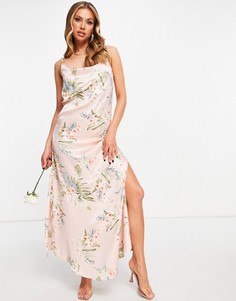 Розовое платье макси на бретелях с цветочным принтом для подружки невесты AX Paris Bridesmaid-Многоцветный