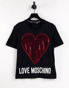Черная футболка с логотипом и красным сердцем из пайеток Love Moschino-Черный цвет