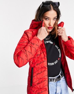 Красный пуховик с капюшоном и сплошным принтом логотипа Love Moschino