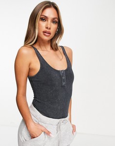 Черное выбеленное боди на кнопках спереди ASOS DESIGN-Серый