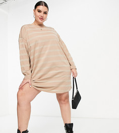 Серо-коричневое платье-футболка в стиле oversized с длинными рукавами и полосками в тон ASOS DESIGN Curve-Коричневый цвет