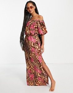 Пляжное платье макси с открытыми плечами с тропическим зебровым принтом ASOS DESIGN-Разноцветный