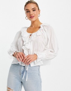 Блузка цвета слоновой кости с оборками и завязкой спереди ASOS DESIGN-Белый