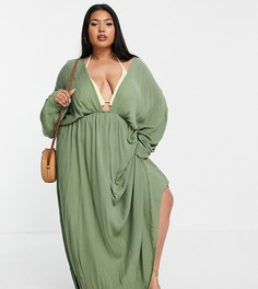 Пляжное платье макси цвета хаки с глубоким вырезом ASOS DESIGN Curve-Зеленый цвет