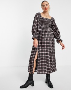 Платье миди с присборенным квадратным вырезом в розовую клетку River Island-Розовый цвет