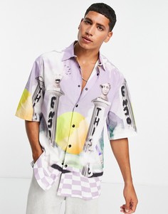 Сиреневая рубашка в стиле oversized с принтом Bershka-Фиолетовый цвет