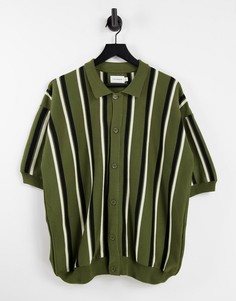 Свободная трикотажная рубашка навыпуск цвета хаки в полоску Topman-Зеленый цвет