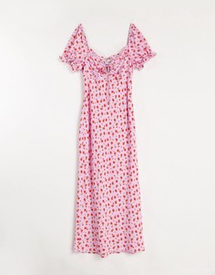 Розовое платье миди из переработанного смесового материала с широким вырезом декольте и цветочным принтом Topshop-Розовый цвет