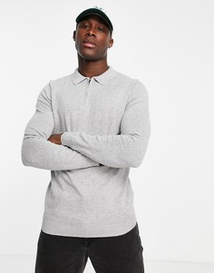Светло-серое трикотажное поло на молнии с длинными рукавами Topman Considered-Серый