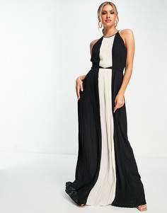 Черное платье макси со складками и контрастной светло-розовой вставкой TFNC-Черный цвет