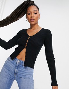 Черный кардиган в рубчик с V-образным вырезом ASOS DESIGN-Черный цвет