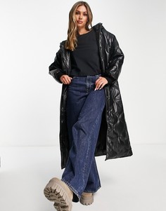 Черное стеганое пальто-пуховик из искусственной кожи с капюшоном ASOS DESIGN-Черный цвет