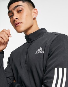 Черный свитшот на молнии длиной 1/4 и с 3 полосками adidas Training-Черный цвет