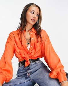 Строгая атласная рубашка оранжевого цвета с карманом Topshop-Оранжевый цвет
