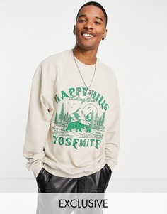 Светло-бежевый oversized-свитшот из органического хлопка с принтом "Happy Hills" Reclaimed Vintage Inspired-Светло-бежевый цвет