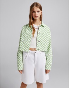 Светло-зеленая джинсовая куртка в клетку Bershka-Зеленый цвет