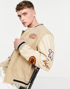 Университетская куртка с вышивкой на рукавах из искусственной кожи ASOS DESIGN-Коричневый цвет