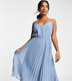 Платье миди насыщенного синего цвета на бретельках со шнурком на талии, пуговицах на лифе и плиссированной юбкой ASOS DESIGN Petite-Голубой