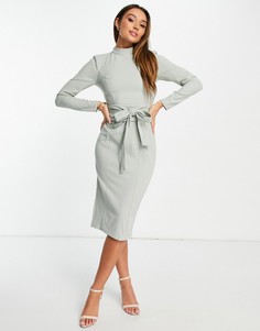 Шалфейно-зеленое платье миди с длинными рукавами и поясом оби ASOS DESIGN-Зеленый цвет