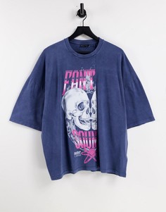 Темно-синяя выбеленная oversized-футболка с принтом черепа ASOS DESIGN-Темно-синий