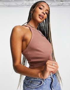 Коричневый кроп-топ с завязкой через шею Bershka-Коричневый цвет