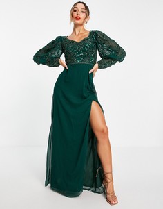 Платье макси изумрудно-зеленого цвета с декоративной отделкой и пышными рукавами Virgos Lounge-Розовый цвет