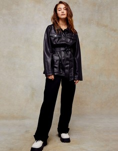 Черная куртка из искусственной кожи с поясом Topshop-Черный