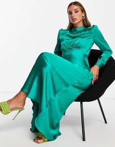 Атласное чайное платье макси изумрудно-зеленого цвета с высоким воротником ASOS DESIGN-Зеленый цвет