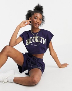 Темно-синяя укороченная футболка с принтом "Brooklyn" от комплекта Bershka-Голубой