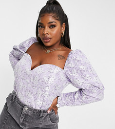 Броский топ цвета олова с пышными рукавами и цветочным принтом Collective the Label Curve-Фиолетовый цвет