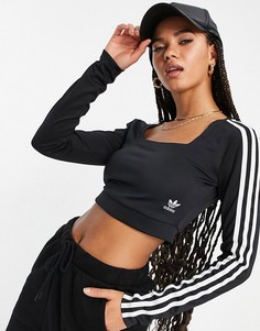 Черный лонгслив с тремя полосками и квадратным вырезом adidas Originals adicolor-Черный цвет