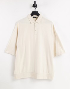 Поло бежевого цвета в стиле oversized с рукавами до локтя из хлопка с начесом ASOS DESIGN-Светло-бежевый цвет