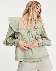 Топ цвета хаки из хлопка с оборками и вышивкой на рукавах Topshop-Зеленый цвет