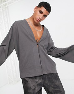 Трикотажный oversized-кардиган темно-серого цвета с длинными рукавами и завязкой ASOS DESIGN-Серый
