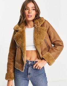 Карамельная короткая куртка авиатор из искусственной замши Stradivarius-Коричневый цвет
