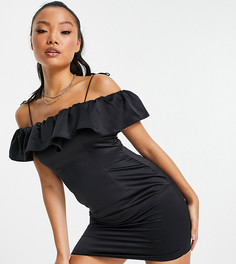 Черное атласное платье с открытыми плечами и оборкой Topshop Petite-Черный цвет