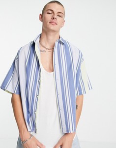 Голубая oversize-рубашка свободного кроя в полоску из ткани под лен ASOS DESIGN-Голубой