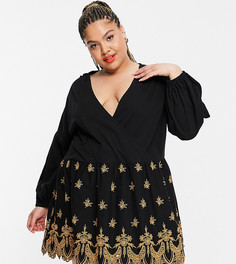 Черное платье с запахом и золотистой вышивкой ASOS DESIGN Curve-Черный цвет