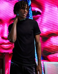 Черная облегающая футболка в рубчик с волнистым краем контрастного зеленого цвета ASOS DESIGN-Черный цвет