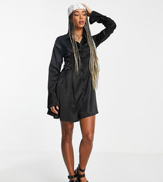 Черное атласное платье-рубашка с завязкой на талии Reclaimed Vintage Inspired-Голубой