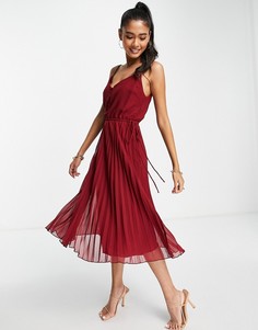 Темно-бордовое платье миди на бретельках, со складками, пуговицами спереди и шнурком на талии ASOS DESIGN-Красный