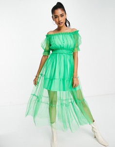 Ярко-зеленое ярусное платье миди с сетчатыми вставками и открытыми плечами River Island-Зеленый цвет