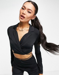 Черный пиджак в стиле 00-х из атласного трикотажа ASOS DESIGN-Черный цвет