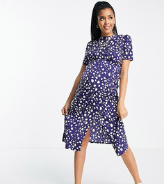 Синее чайное платье в горошек с высоким воротом и пуговицами ASOS DESIGN Maternity-Разноцветный