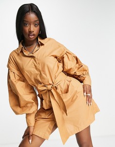 Светло-коричневое платье-рубашка с рукавами со складками и поясом ASOS DESIGN-Коричневый цвет