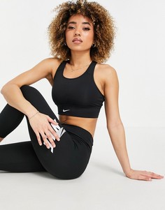 Удлиненный спортивный бюстгальтер черного цвета со средним уровнем поддержки и логотипом-галочкой Nike Training-Черный цвет