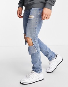 Синие выбеленные джинсы узкого кроя со рваными коленями Versace Jeans Couture-Голубой