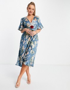 Голубое платье миди с цветочным принтом и оборками AX Paris Bridesmaid-Разноцветный
