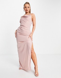 Персиковое атласное платье макси с декоративными элементами на спине NaaNaa-Розовый цвет