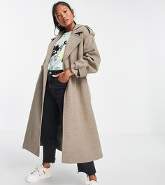 Свободное пальто с поясом с капюшоном серого цвета ASOS DESIGN Petite-Серый